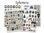 A set of decorative Gothmas epemera sheets with gothic Christmas and Halloween-themed designs, including frames, tags, icons, and labels, displayed on a white background under the heading 'Ephemera'.