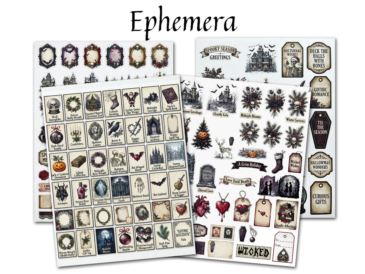 A set of decorative Gothmas epemera sheets with gothic Christmas and Halloween-themed designs, including frames, tags, icons, and labels, displayed on a white background under the heading 'Ephemera'.