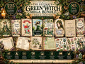 Green Witch Mega Bundle preview featuring eight botanical collections, with 225 printable grimoire pages and 85 PNG clipart images.