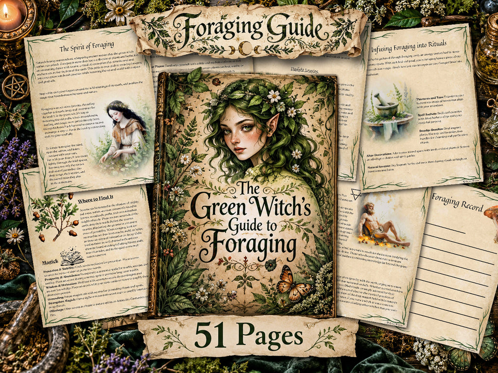 Green Witch’s Guide to Foraging, showing a leafy witch cover and sample ritual, plant lore and foraging record pages.