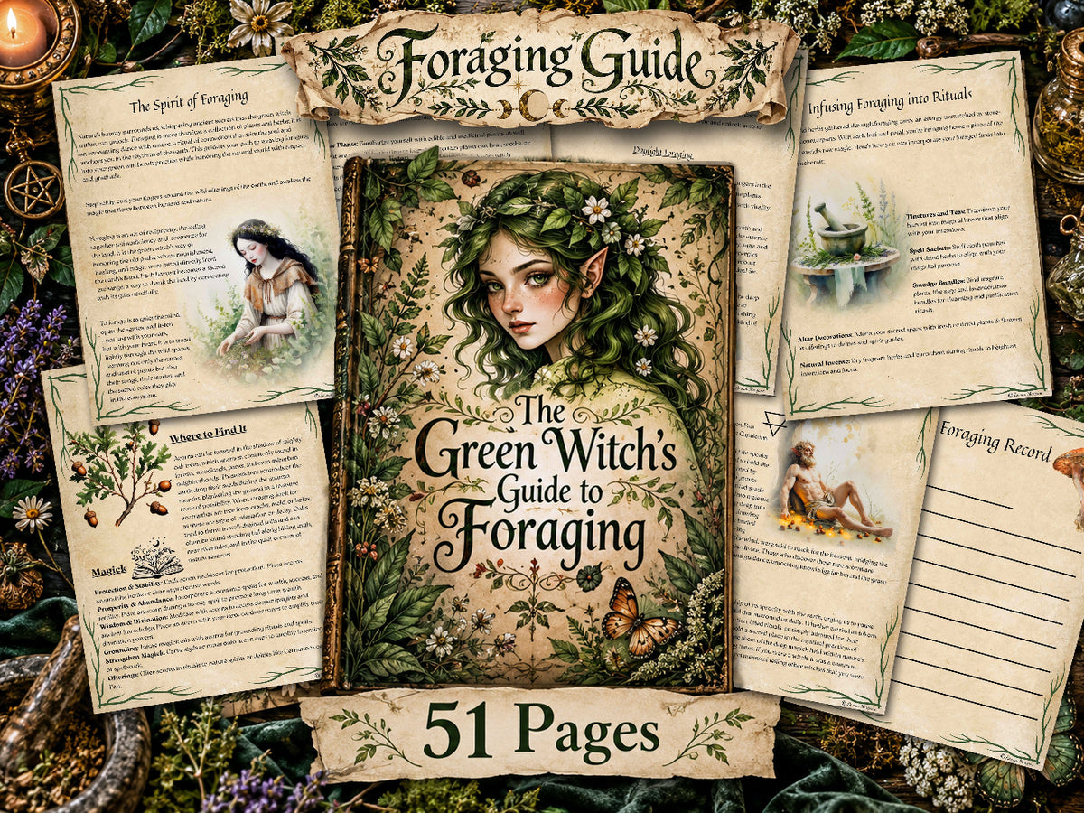 Green Witch’s Guide to Foraging, showing a leafy witch cover and sample ritual, plant lore and foraging record pages.
