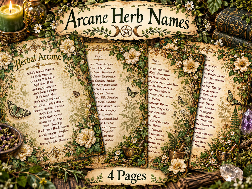 Four Arcane Herb Names printable pages with traditional plant names, floral borders, butterflies and parchment backgrounds.