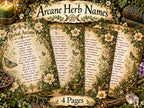 Four Arcane Herb Names printable pages with traditional plant names, floral borders, butterflies and parchment backgrounds.