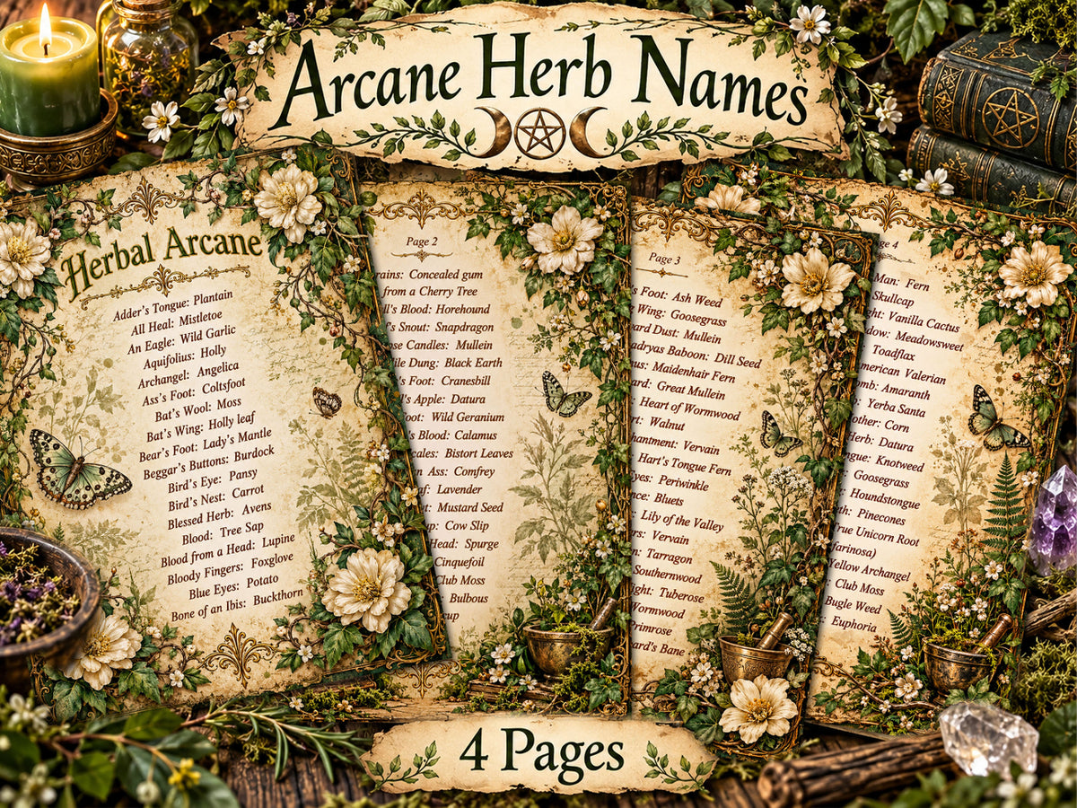 Four Arcane Herb Names printable pages with traditional plant names, floral borders, butterflies and parchment backgrounds.
