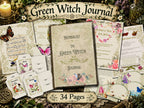 Green Witch Journal preview with vintage floral spell pages, herb garden notes, printable seed packets and botanical labels.