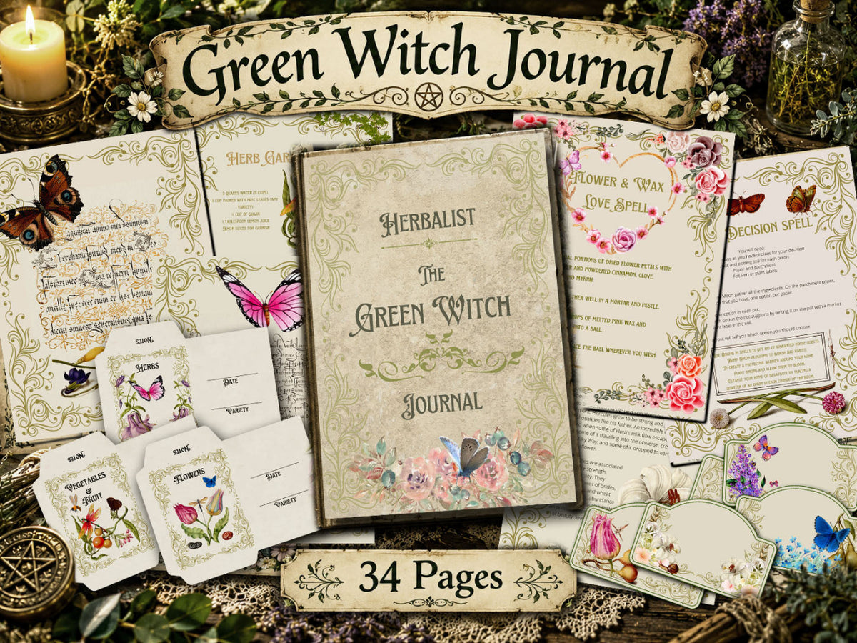 Green Witch Journal preview with vintage floral spell pages, herb garden notes, printable seed packets and botanical labels.