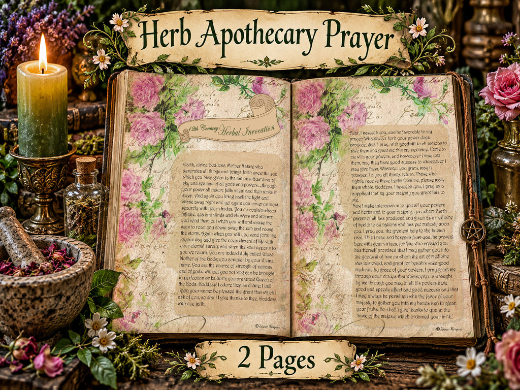 Two-page herbal prayer displayed in an open book with pink floral borders, surrounded by candles, herbs and apothecary jars.
