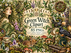 Green Witch Clipart collection of 85 PNGs featuring a woodland witch, herbs, mushrooms, animals, crystals, potion bottles and moon phases.