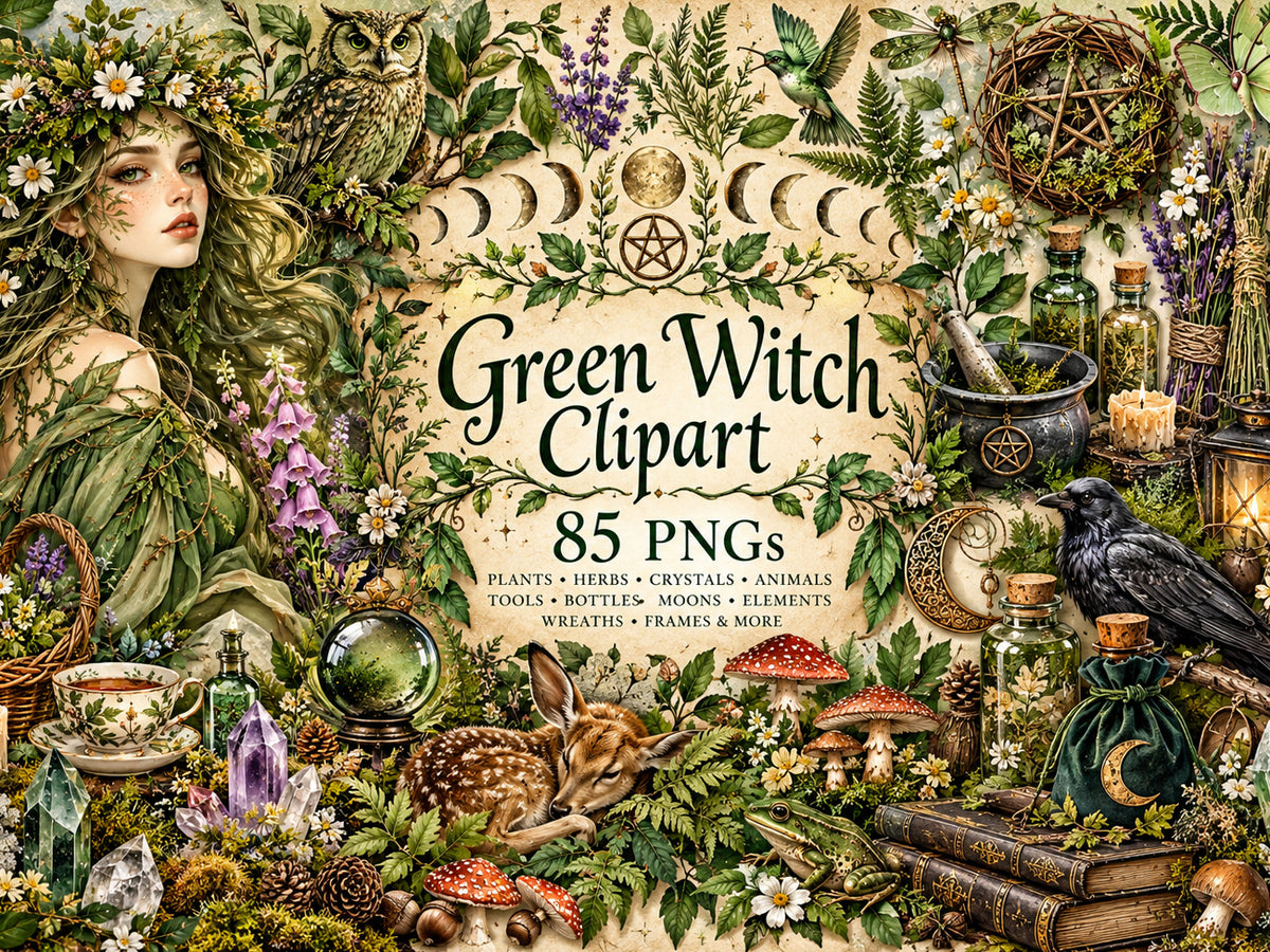 Green Witch Clipart collection of 85 PNGs featuring a woodland witch, herbs, mushrooms, animals, crystals, potion bottles and moon phases.
