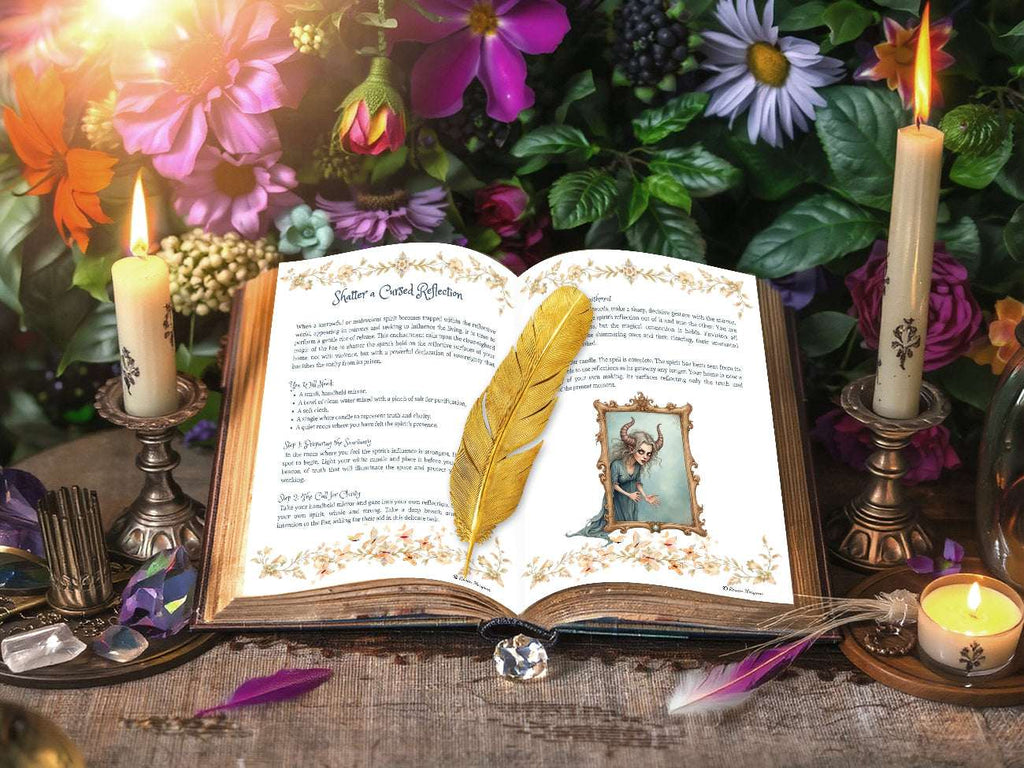 Open book with a two page spell titled Shatter a Cursed Reflection.