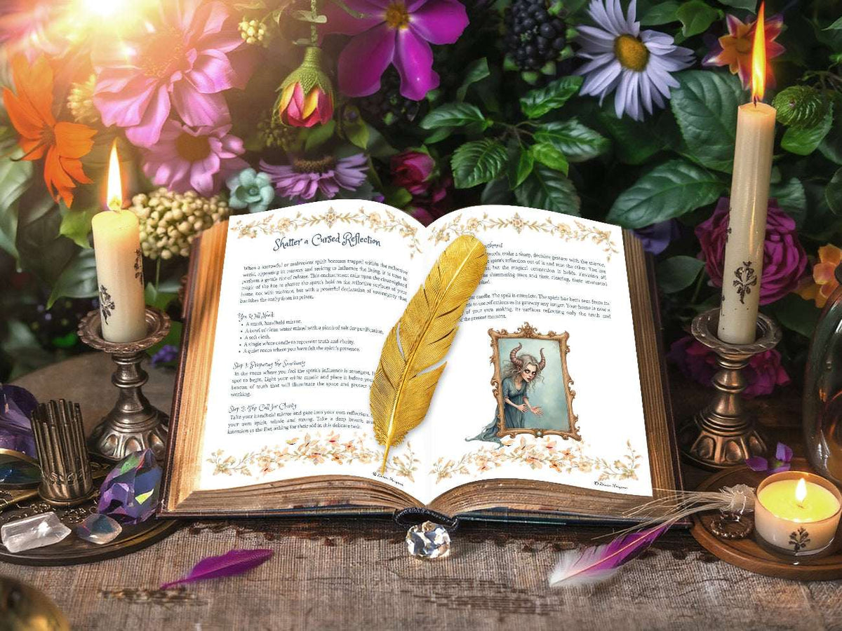 Open book with a two page spell titled Shatter a Cursed Reflection.