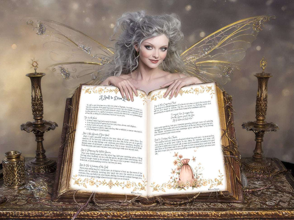 Woman with fairy wings holding an open book with magical designs and text