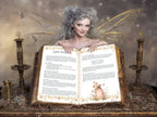 Woman with fairy wings holding an open book with magical designs and text