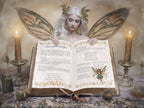 Fairy with butterfly wings reading an open book about Weaving a Protective Fairy Trap,  in a mystical setting with candles and jars.