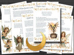 Set of spell pages with fairy illustrations andfairy spells on a white background