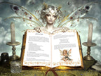 Fairy with butterfly wings holding an open Grimoire with a two page Salvation Spell.