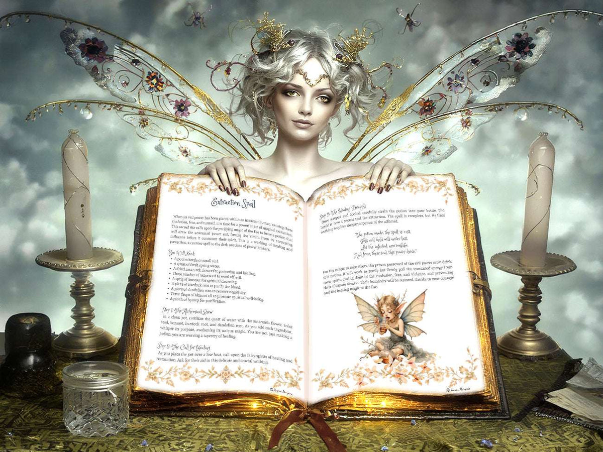 Fairy with butterfly wings holding an open Grimoire with a two page Salvation Spell.