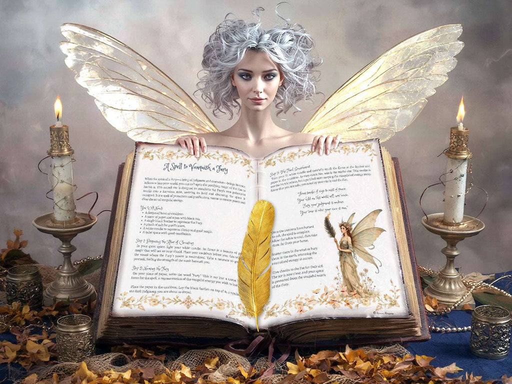 A pretty fairy holding an open book wwith a two page spell titled Vanquish a Fairy.