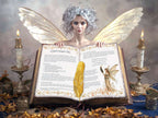A pretty fairy holding an open book wwith a two page spell titled Vanquish a Fairy.