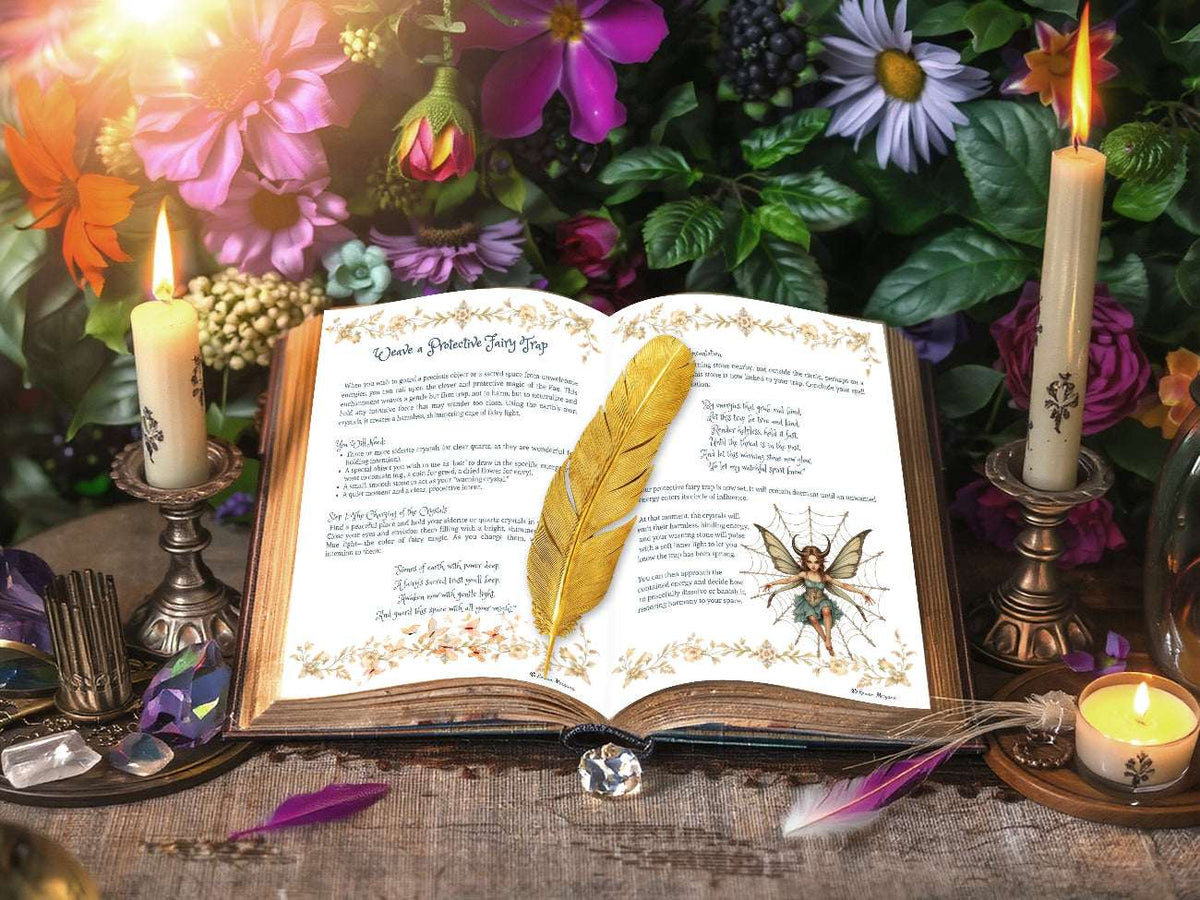 Open book with fairy tale text, gold feather, and candles on a decorative background