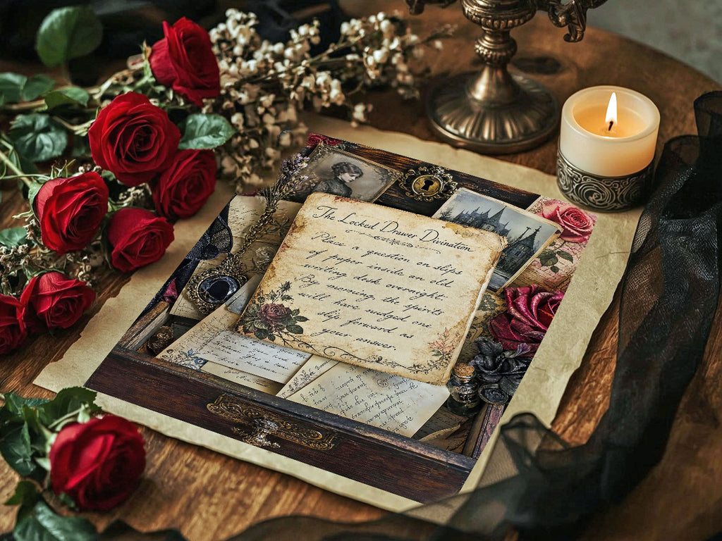 Moody product photo of a vintage-inspired gothic journal page with candle snuffer artwork, red roses, a lit pillar candle, black lace, wax seals, and layered antique parchment on a rustic wood surface.