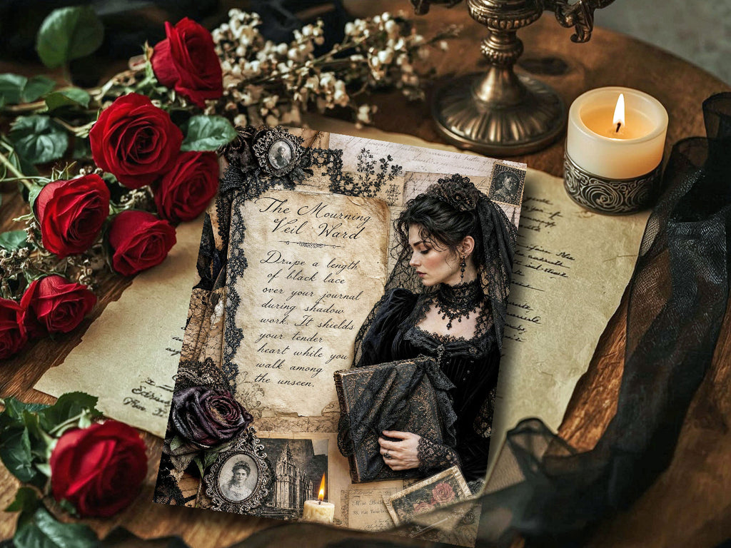 Moody product photo of a vintage-inspired gothic journal page with candle snuffer artwork, red roses, a lit pillar candle, black lace, wax seals, and layered antique parchment on a rustic wood surface.