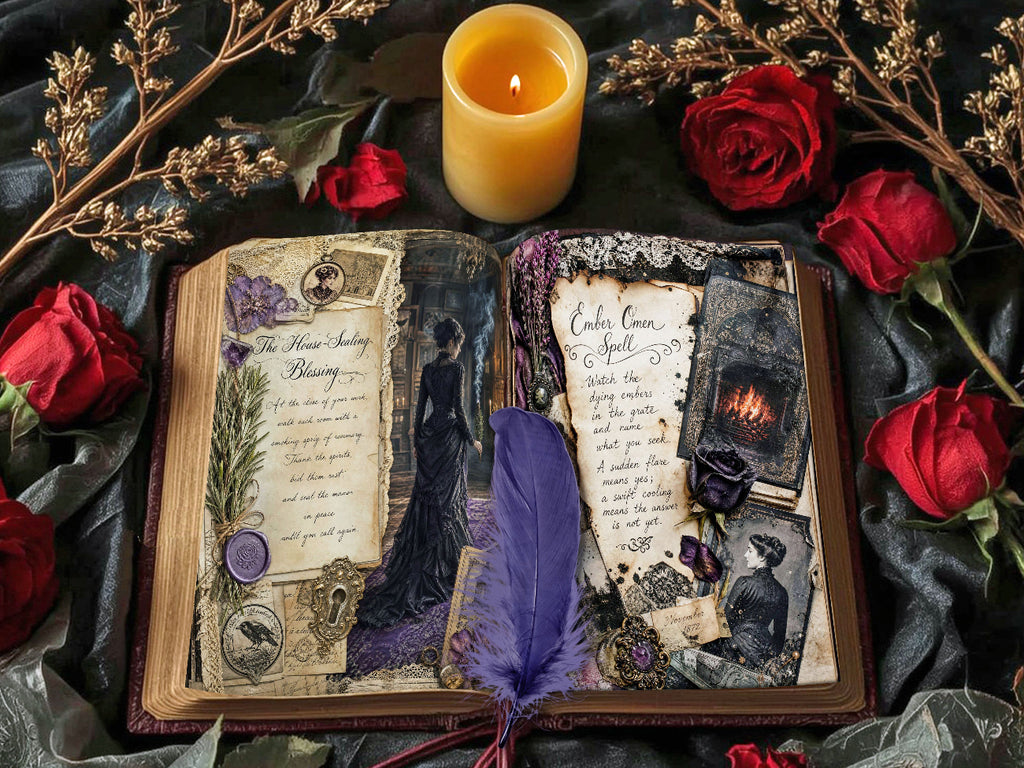 Open gothic-style vintage journal spread with spellbook-inspired pages, surrounded by red roses, dried flowers, and a lit candle for a moody Victorian look.