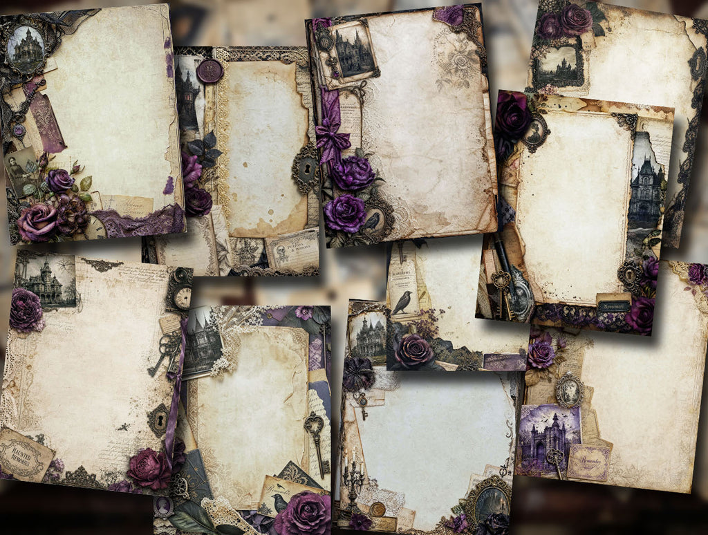 Product preview showing ten coordinated Victorian gothic scrapbook papers in aged cream and deep purple tones, decorated with haunted architecture, ravens, floral accents, lace, wax seals, and distressed journaling spaces.