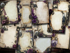 Product preview showing ten coordinated Victorian gothic scrapbook papers in aged cream and deep purple tones, decorated with haunted architecture, ravens, floral accents, lace, wax seals, and distressed journaling spaces.
