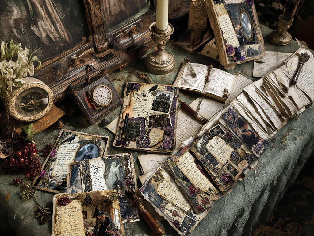 Flat lay of gothic-themed vintage stationery and journaling cards arranged on a dark tabletop with candles, keys, dried florals, and antique décor.
