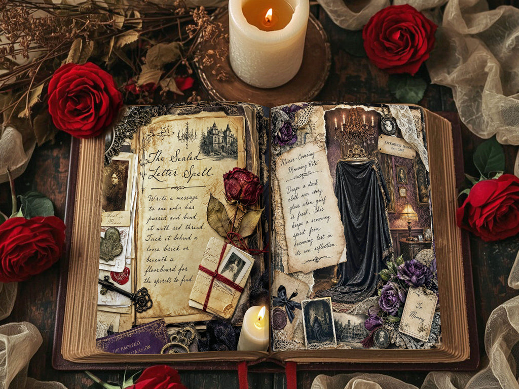 Open gothic-style vintage journal spread with spellbook-inspired pages, surrounded by red roses, dried flowers, and a lit candle for a moody Victorian look.