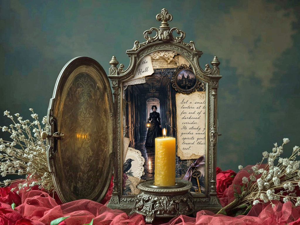 Moody gothic product photo of an ornate silver shadowbox with an open metal door, vintage haunted hallway collage, lit candle, red roses, dried white florals, and antique-style embellishments.