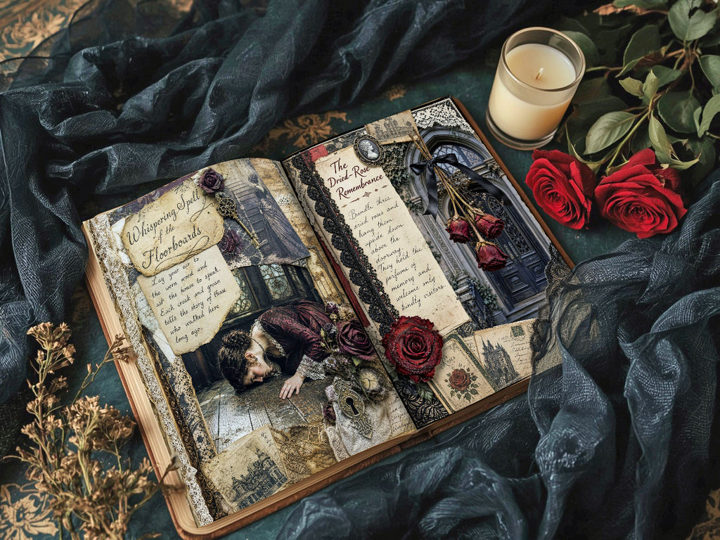 Open gothic-style vintage journal spread with spellbook-inspired pages, surrounded by red roses, dried flowers, and a lit candle for a moody Victorian look.