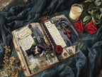 Open gothic-style vintage journal spread with spellbook-inspired pages, surrounded by red roses, dried flowers, and a lit candle for a moody Victorian look.
