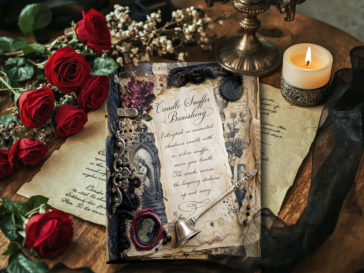 Moody product photo of a vintage-inspired gothic journal page with candle snuffer artwork, red roses, a lit pillar candle, black lace, wax seals, and layered antique parchment on a rustic wood surface.