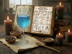Goblet of blue liquid on an open book with potion recipes, surrounded by candles and ingredients on a wooden surface.