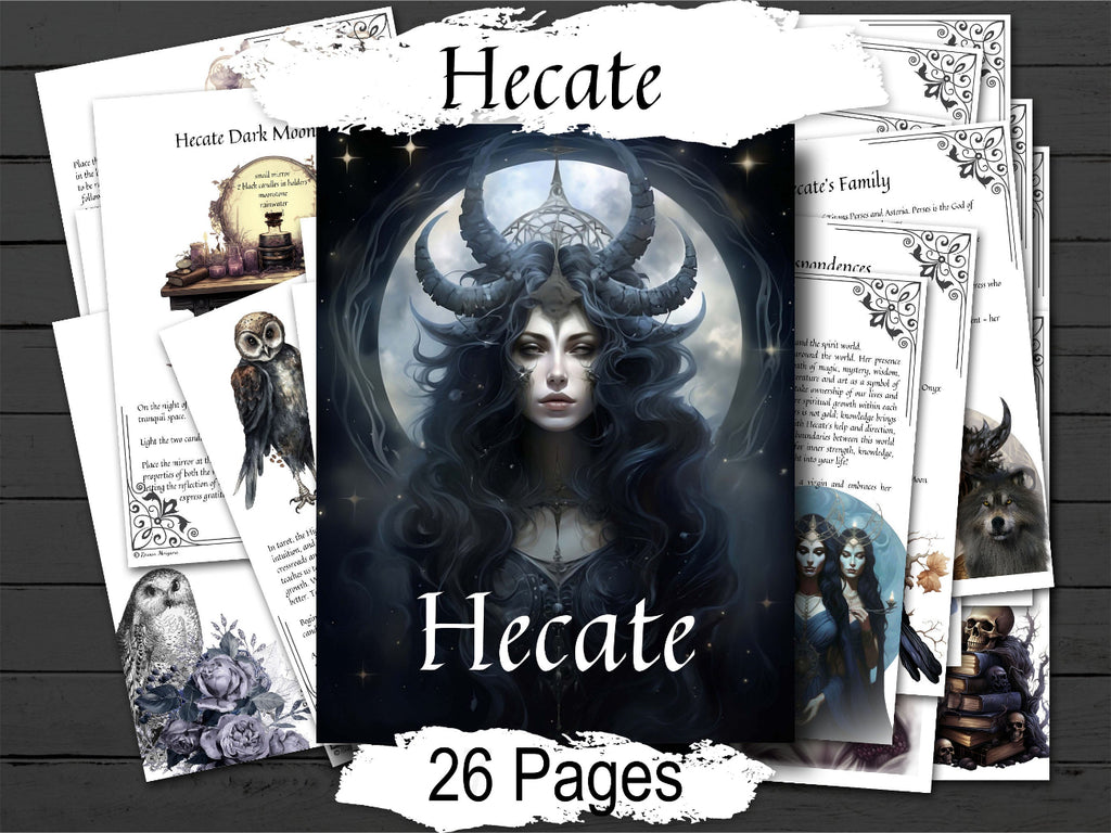 A gothic-themed printable set titled 'Hecate' with multiple illustrated pages fanned out around a central cover image. The central cover shows a dark fantasy-style portrait of a horned woman in front of a full moon, with the text 'Hecate' and '26 Pages' overlaid.