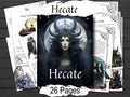 A gothic-themed printable set titled 'Hecate' with multiple illustrated pages fanned out around a central cover image. The central cover shows a dark fantasy-style portrait of a horned woman in front of a full moon, with the text 'Hecate' and '26 Pages' overlaid.