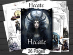 A gothic-themed printable set titled 'Hecate' with multiple illustrated pages fanned out around a central cover image. The central cover shows a dark fantasy-style portrait of a horned woman in front of a full moon, with the text 'Hecate' and '26 Pages' overlaid.