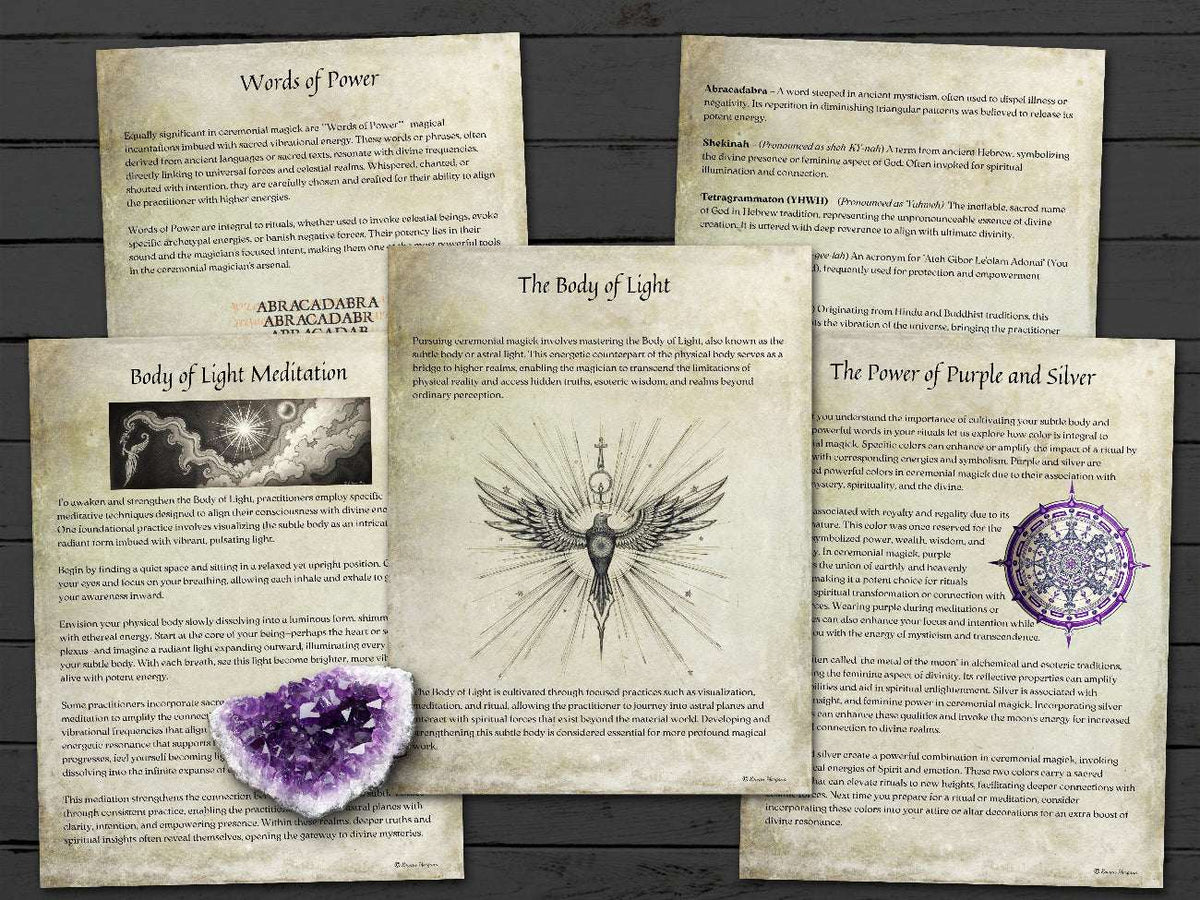 Five CEREMONIAL HIGH MAGICK pages about  Words of Power, The Body of Light and the Power of Purple and Silver.