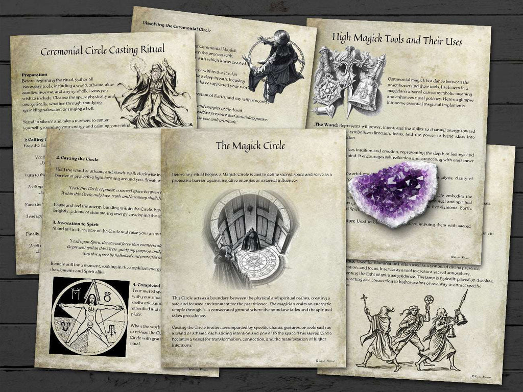 Six CEREMONIAL HIGH MAGICK pages about The Magick Circle, Ceremonial Circle and High Magick Tools and Their Uses.