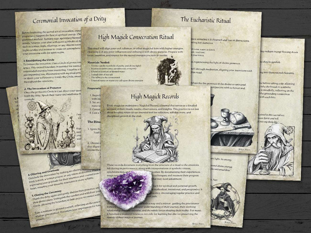 Seven CEREMONIAL HIGH MAGICK pages about Ceremonial Invocation, Consecration Ritual and The Eucharistic Ritual.