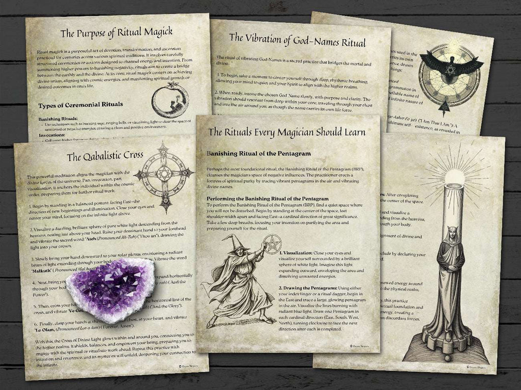 Five CEREMONIAL HIGH MAGICK pages about The Purpose of Ritual Magick, Quabalistic Cross, Vibration of God Names, and Rituals Every Magickian Should Learn.
