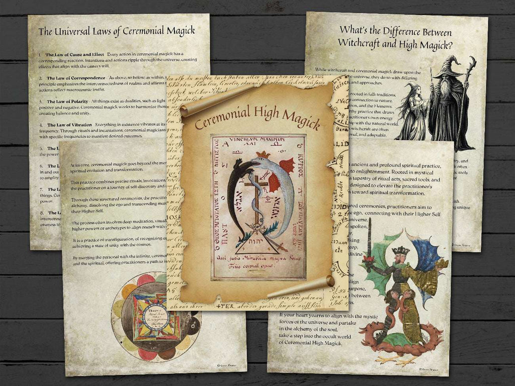 Five CEREMONIAL HIGH MAGICK pages showing the title page, the Universal Laws of Ceremonial Magick and The Difference Between Witchcraft and High Magick. 