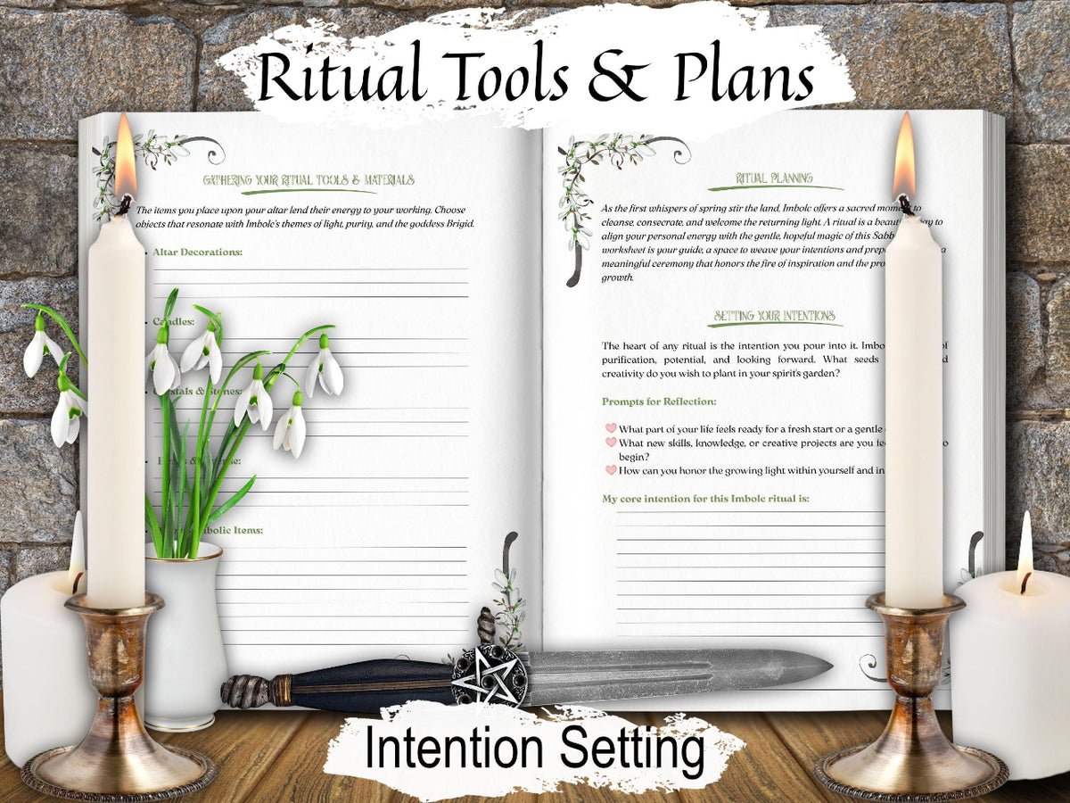 Imbolc Sabbat Worksheets featuring rituals tools and intention setting.