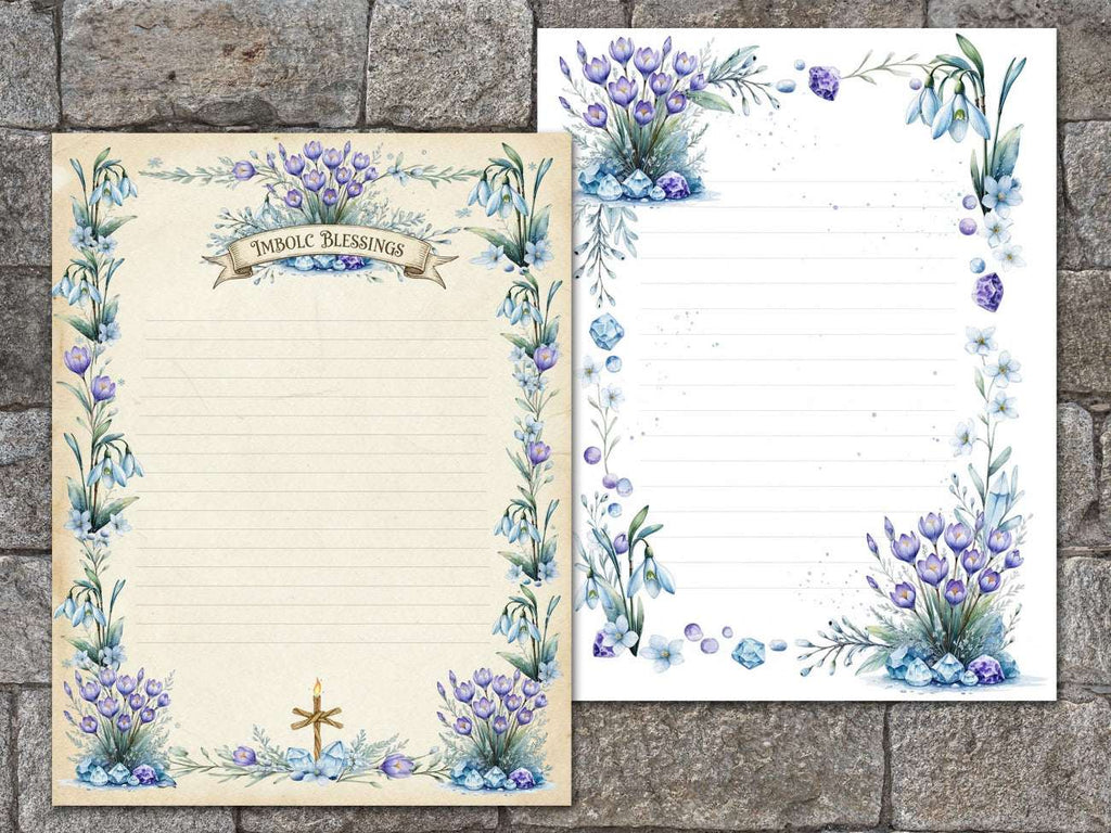 Imbolc Junk Journal Kit featuring two lined pages with Imbolc Blessings and spring floral borders.