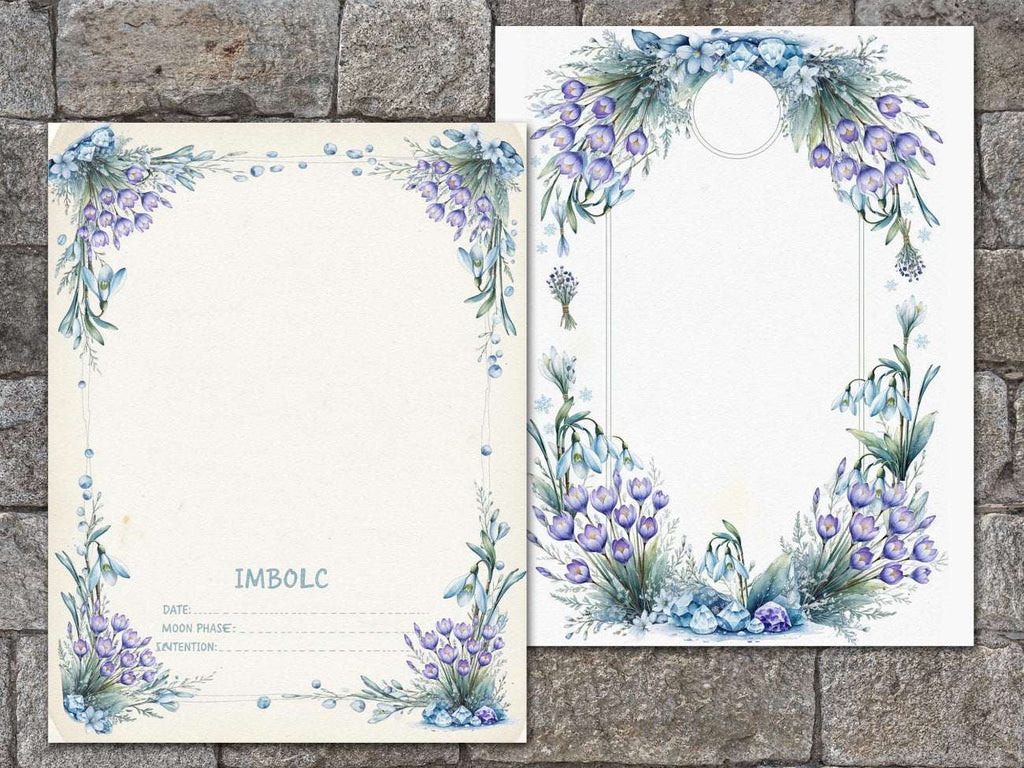 Imbolc Junk Journal Kit featuring two pages with snowndops, crocus and Moon Phase text.