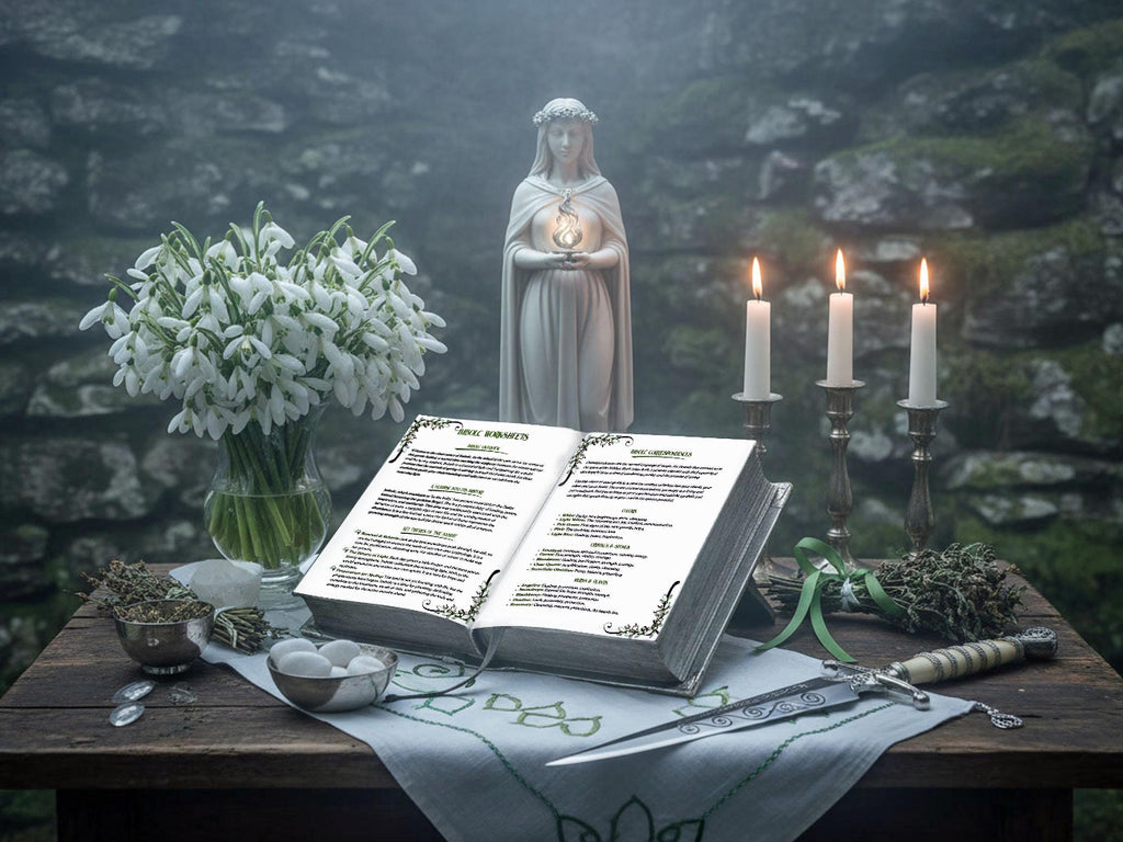 Imbolc Sabbat Worksheetsplaced in an open book of shadows upon a beautiful Imbolc altar.