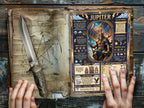 Open book of shadows with a dagger and a page about Jupiter on a wooden surface