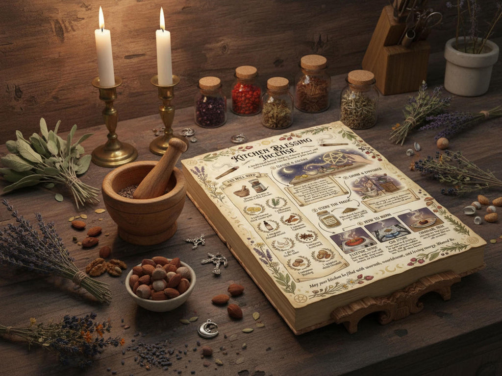 Herbalist's workspace with herbs, bottles, and a book on a wooden table.